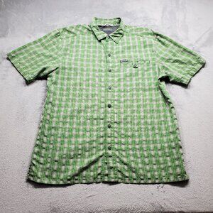 Columbia Button Up Short Sleeve Plaid Shirt 1 Pocket Green Black White Men Sz L